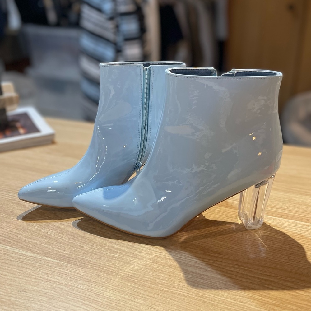Allegra K Shiny Sky Blue Heeled Boots